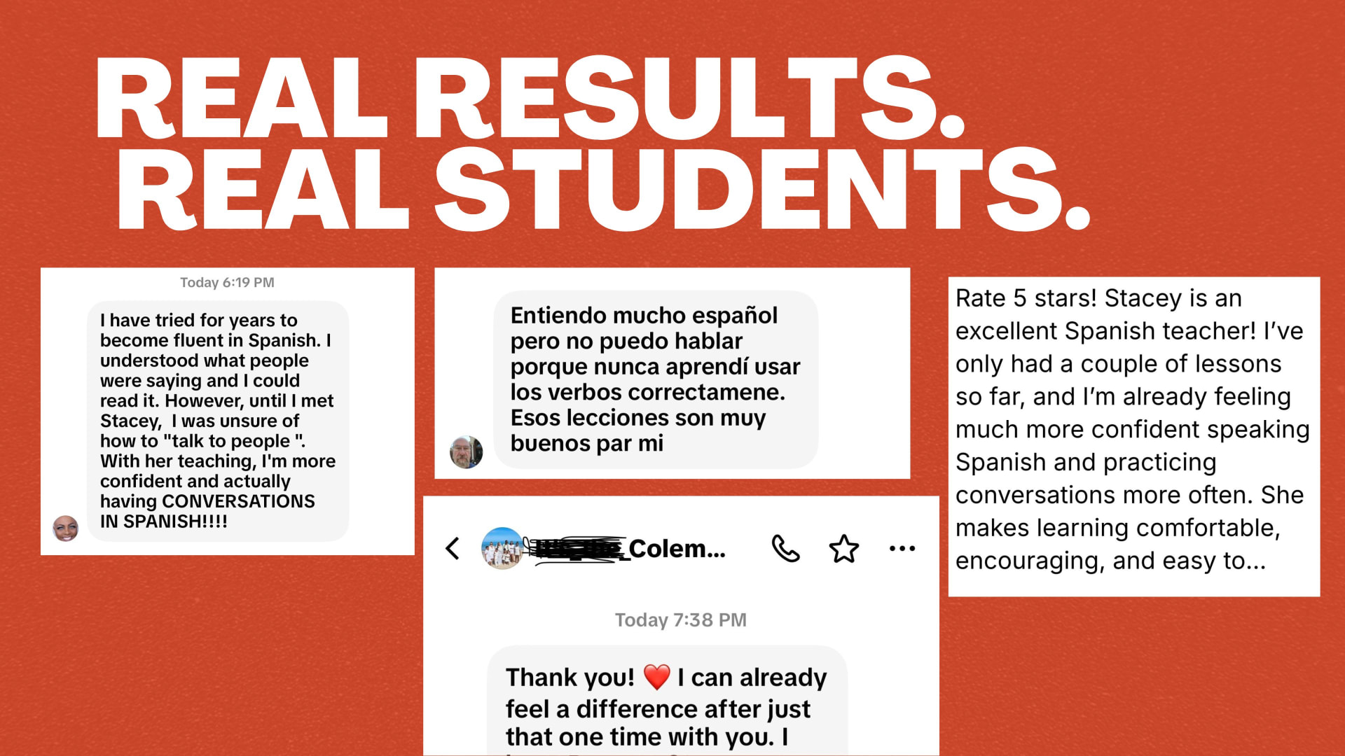 Real results, real students — a collage of student messages about finally having conversations in Spanish