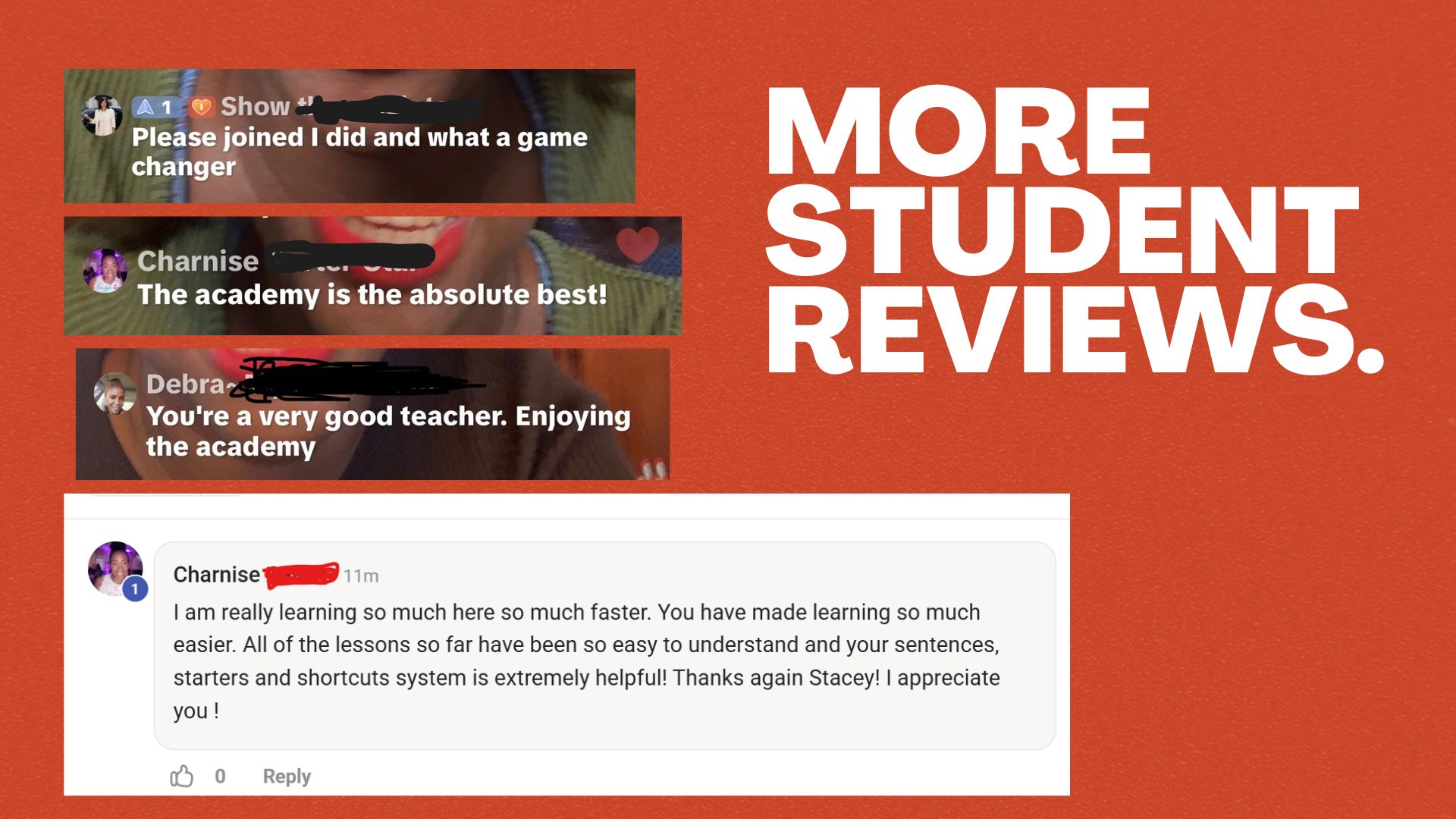 More student reviews — Show says it was a game changer, Charnise says the academy is the absolute best and that the sentences, starters and shortcuts system is extremely helpful, and Debra says you're a very good teacher